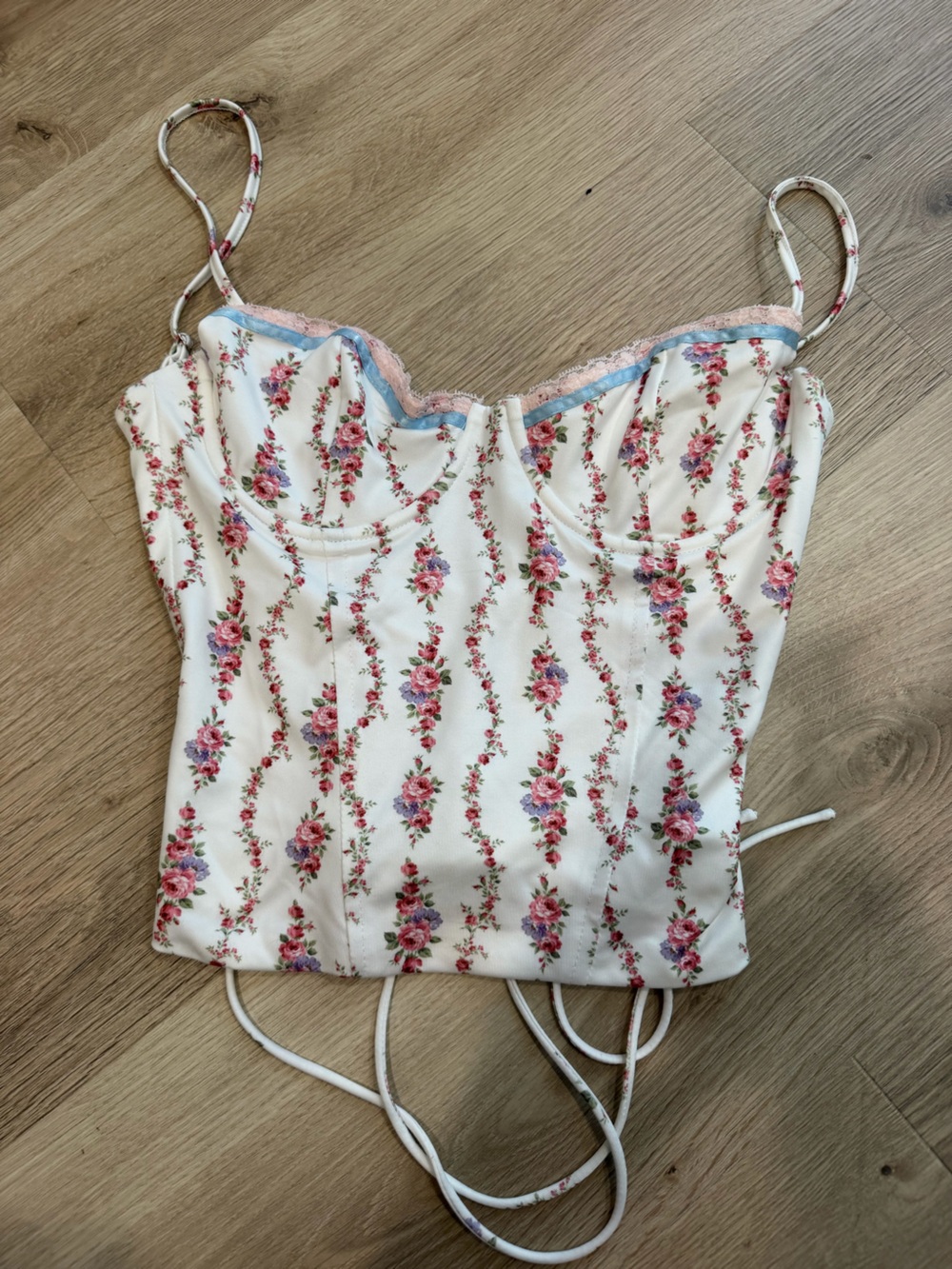 Edikted Cream Floral Bustier Top with Pink & Blue Accents